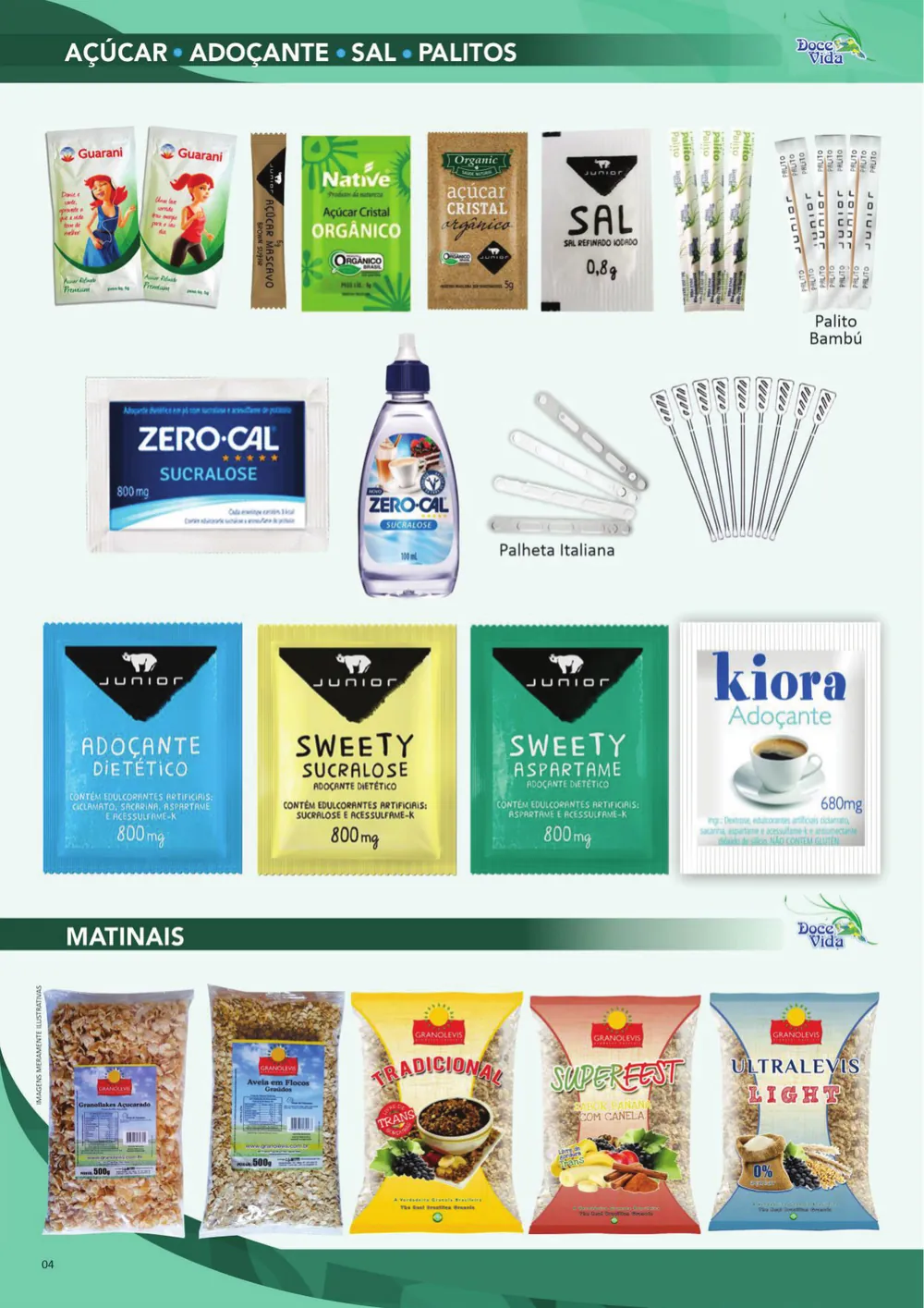 Página do catálogo com sachês de açúcar, adoçante e sal, palitos, palhetas e pacotes de granola