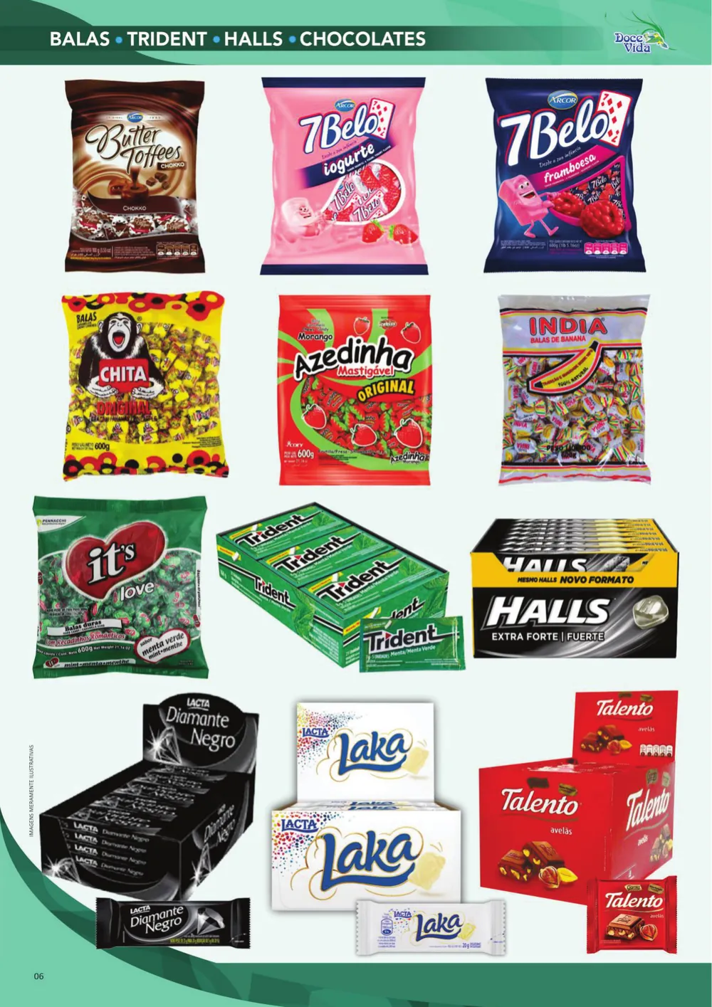 Página do catálogo com pacotes de bala de 600 g, displays de Trident e Halls e caixas de chocolate Lacta