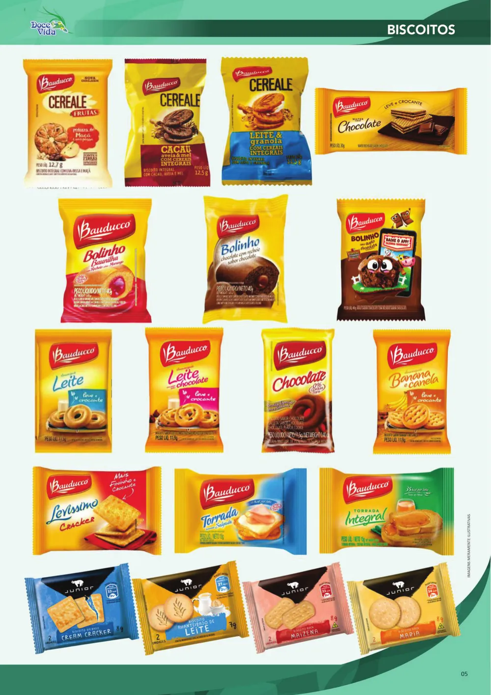Página do catálogo com pacotes individuais de biscoito, bolinho, wafer e torrada Bauducco e Junior