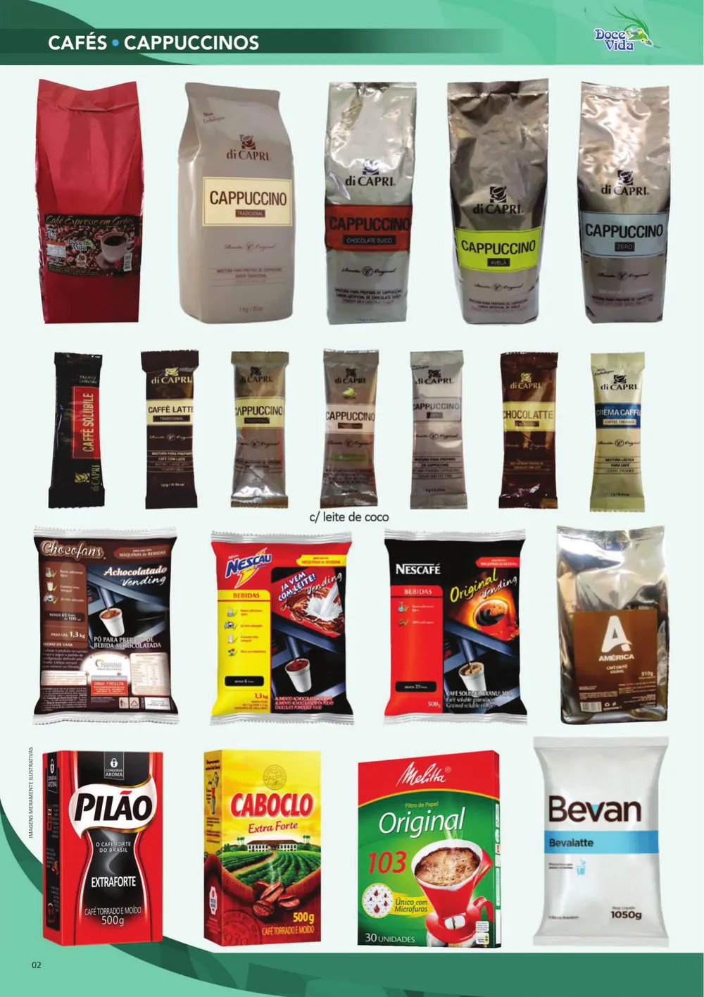 Página do catálogo com embalagens de café e cappuccino di Capri de 1 kg e em sachê, mais Pilão, Caboclo, Melitta e Nescafé