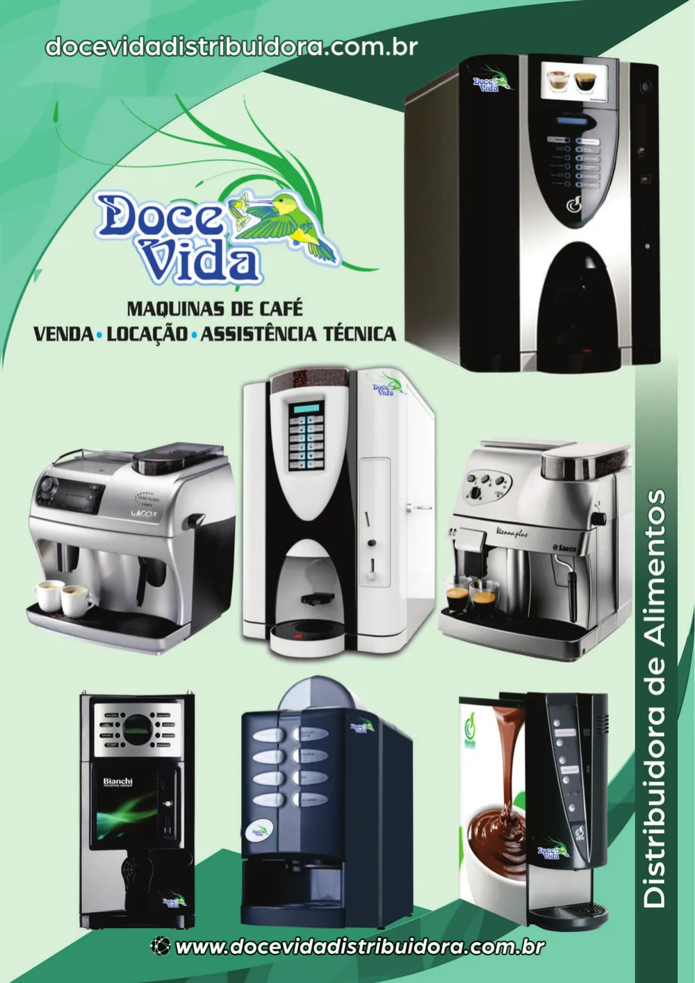 Capa do catálogo: sete máquinas de café fotografadas sobre fundo verde claro, com o logo Doce Vida e os dizeres Venda, Locação e Assistência Técnica