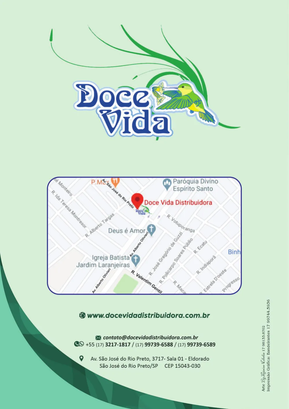Contracapa do catálogo com o logo Doce Vida, o mapa da localização e os dados de contato da distribuidora