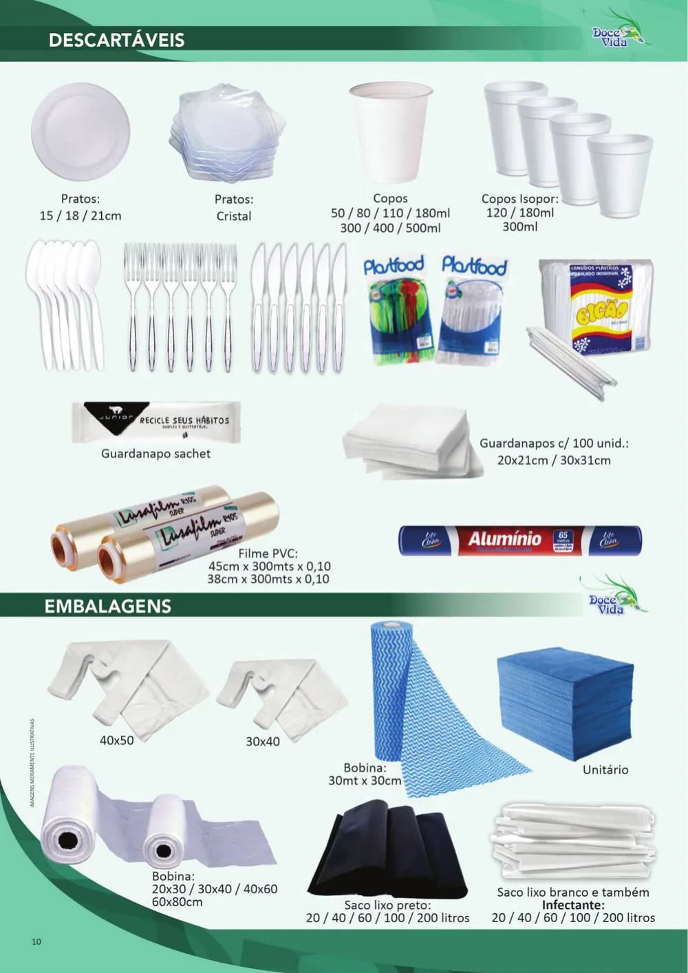 Página do catálogo com pratos, copos e talheres descartáveis, guardanapos, filme PVC e sacos de lixo
