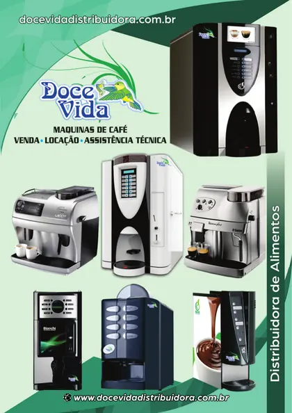 Capa do catálogo: sete máquinas de café fotografadas sobre fundo verde claro, com o logo Doce Vida e os dizeres Venda, Locação e Assistência Técnica