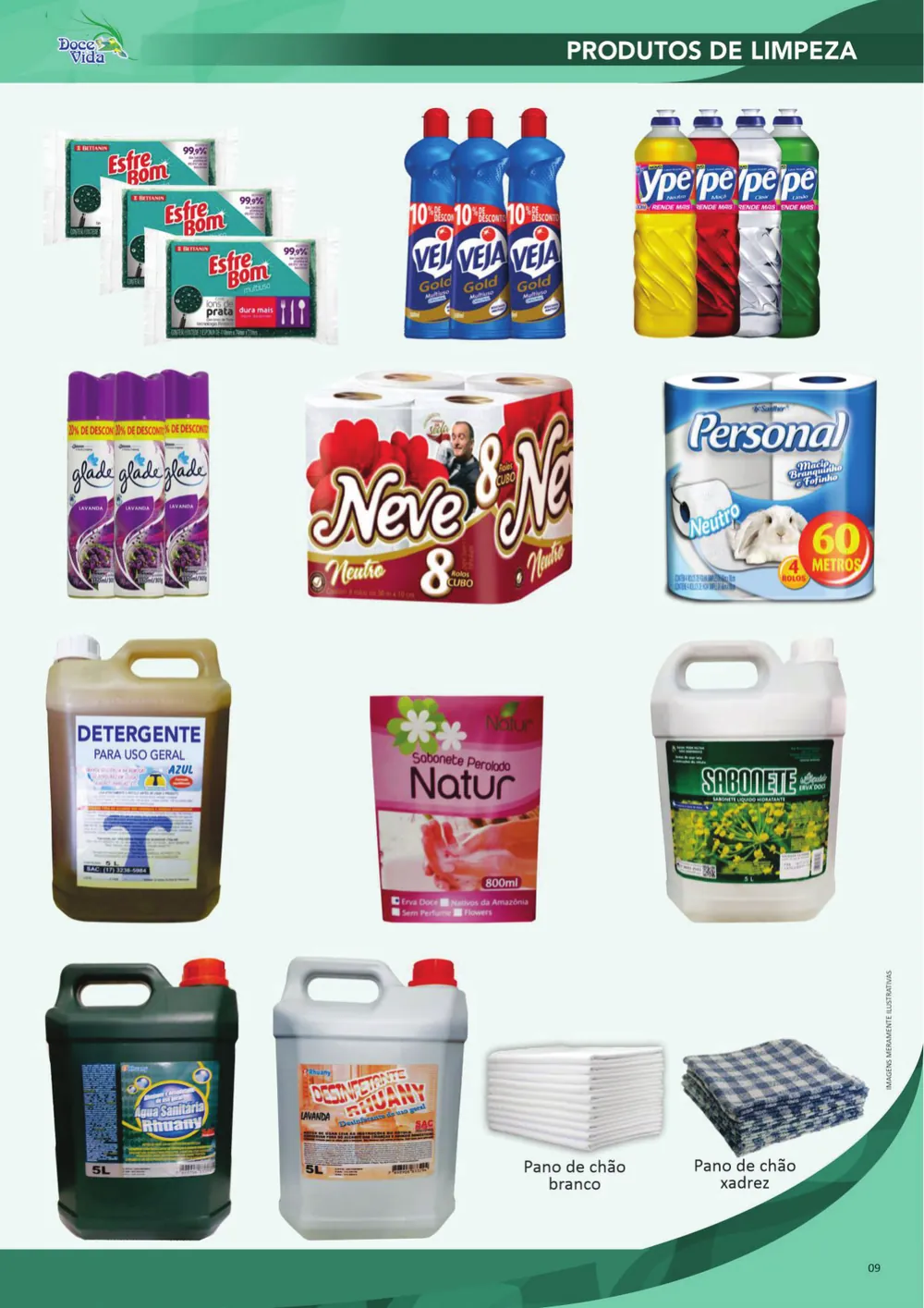 Página do catálogo com esponjas, detergentes, papel higiênico e galões de água sanitária e desinfetante