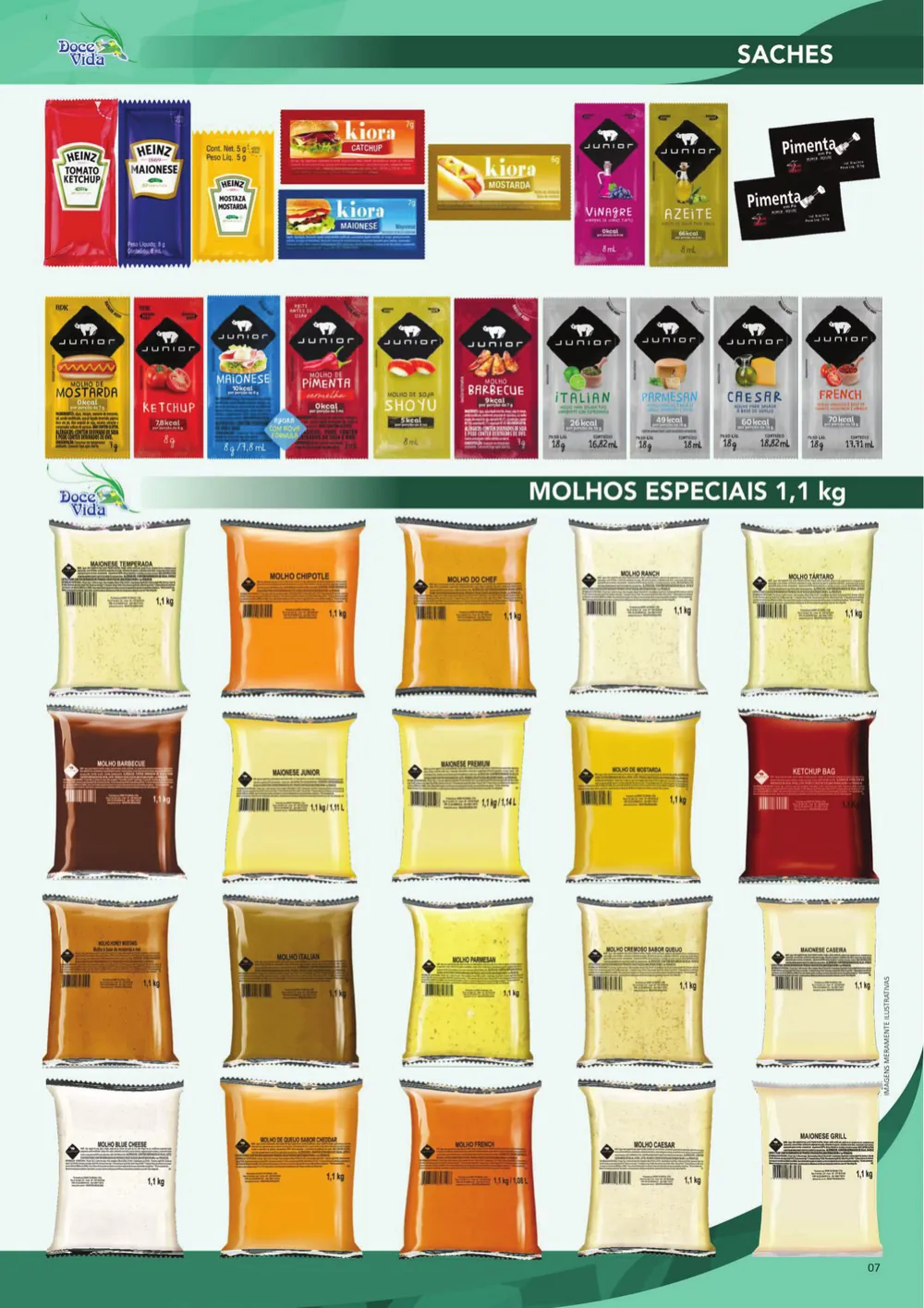 Página do catálogo com sachês de ketchup, maionese e mostarda e bags de molho de 1,1 kg em várias cores