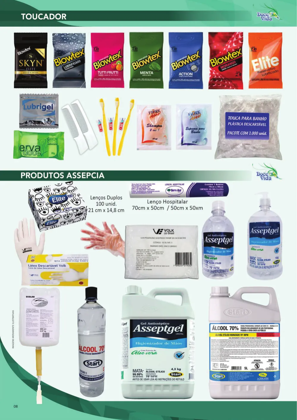 Página do catálogo com itens de toucador, luvas, lenços e galões de álcool 70% e gel antisséptico