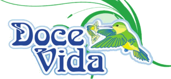 Logo da Doce Vida Distribuidora: o nome em letras azuis com contorno branco, um beija-flor verde e amarelo em voo e um arabesco de folhas
