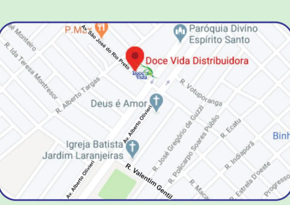 Mapa impresso na contracapa do catálogo, com o marcador da Doce Vida Distribuidora na Avenida São José do Rio Preto