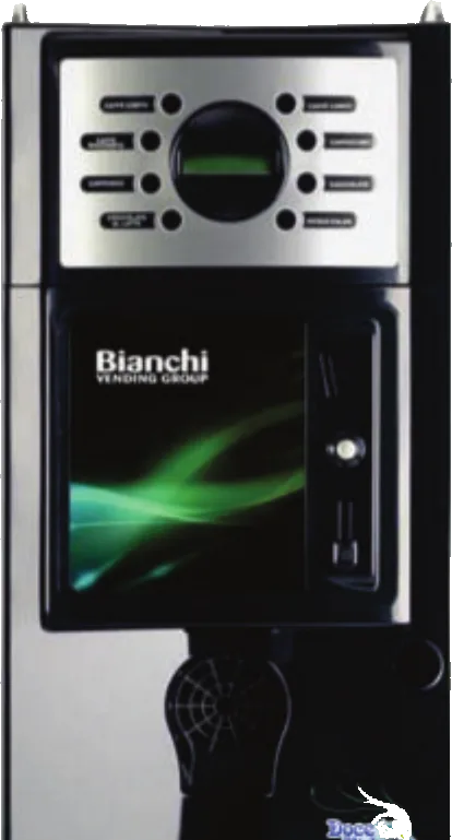 Máquina de café Bianchi preta e prata, de coluna, com painel de botões e visor