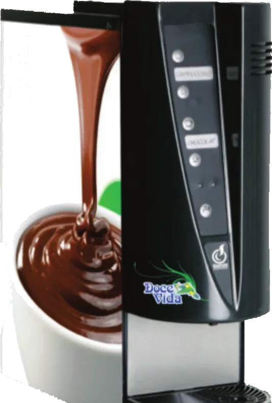 Máquina de chocolate quente com a imagem de chocolate sendo servido em uma xícara estampada na lateral