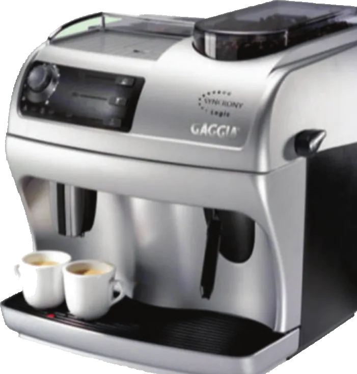 Máquina de espresso automática prateada de balcão, com duas xícaras posicionadas na bandeja