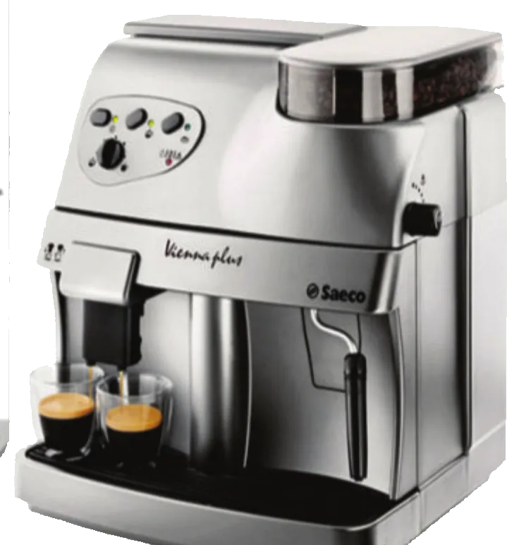 Máquina de espresso Saeco Vienna Plus prateada servindo dois cafés em copos de vidro