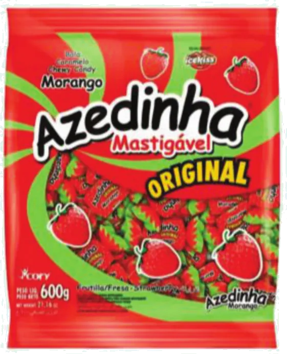 Pacote vermelho de 600 g de bala mastigável Arcor Azedinha Original sabor morango