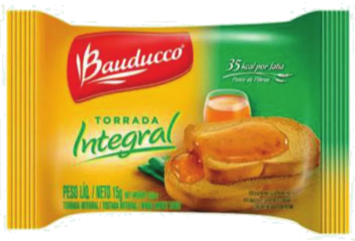 Pacote amarelo e verde de Bauducco Torrada Integral 15 g, com foto de torrada e geleia