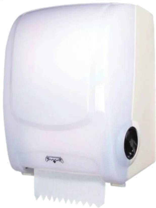 Dispenser branco de papel toalha interfolhado com alavanca de corte