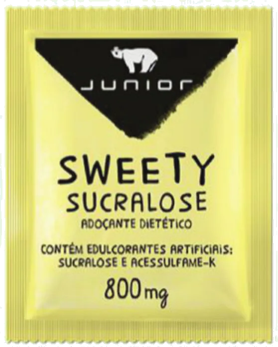 Sachê amarelo Junior Sweety Sucralose, adoçante dietético de 800 mg