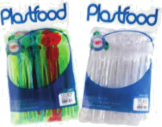 Dois pacotes Plastfood de talheres descartáveis, um colorido e um transparente