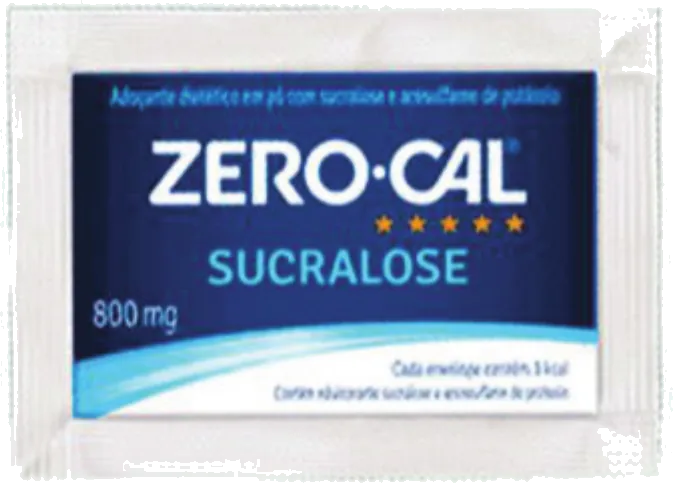 Sachê branco e azul de adoçante Zero-Cal Sucralose 800 mg